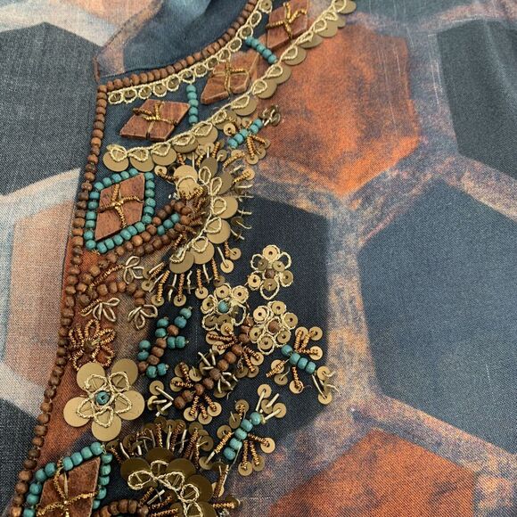 Soft Surroundings Tunic Medium Blouse Millefiori Blue Geometric Print Sequin Top - Picture 9 of 16